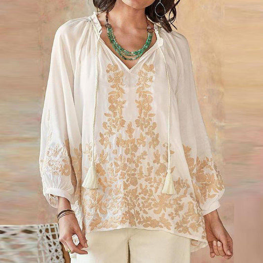 Basic V-Neck With Tie Print Top