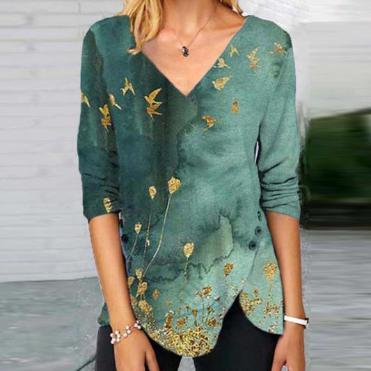 Attractive V-Neck Green Print Top